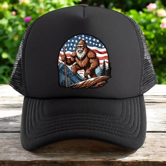 Bigfoot American flag trucker hat mens O/S black snapback mountains patriot yeti - Picture 1 of 4